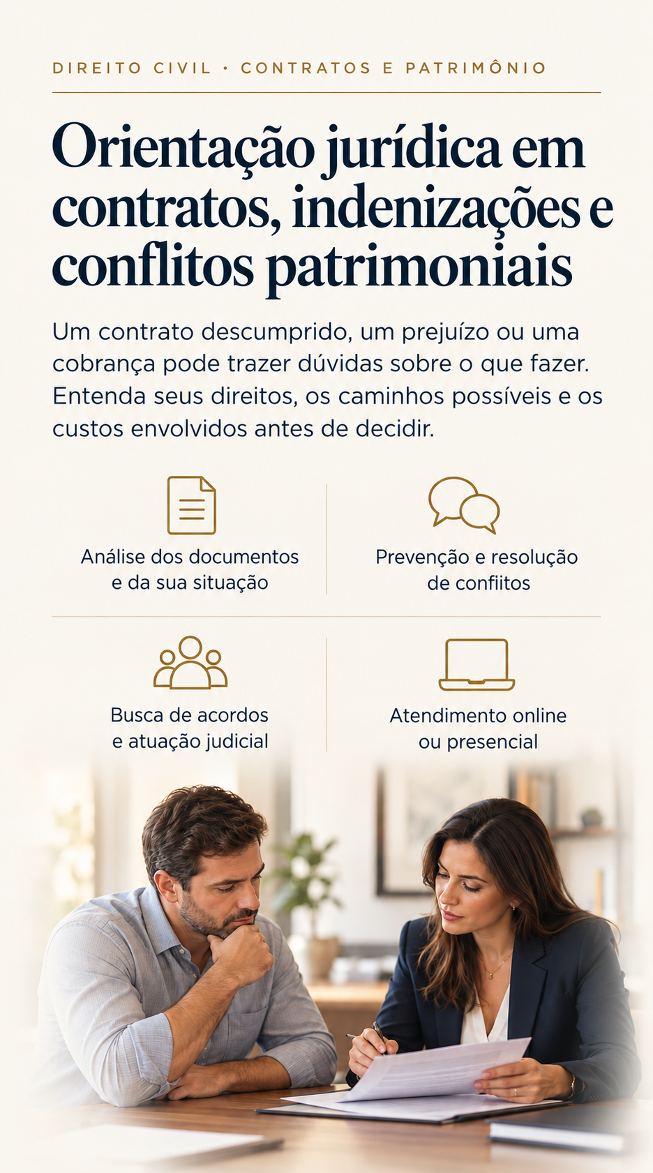 Orientação jurídica em Direito Civil: contratos, indenizações e conflitos patrimoniais